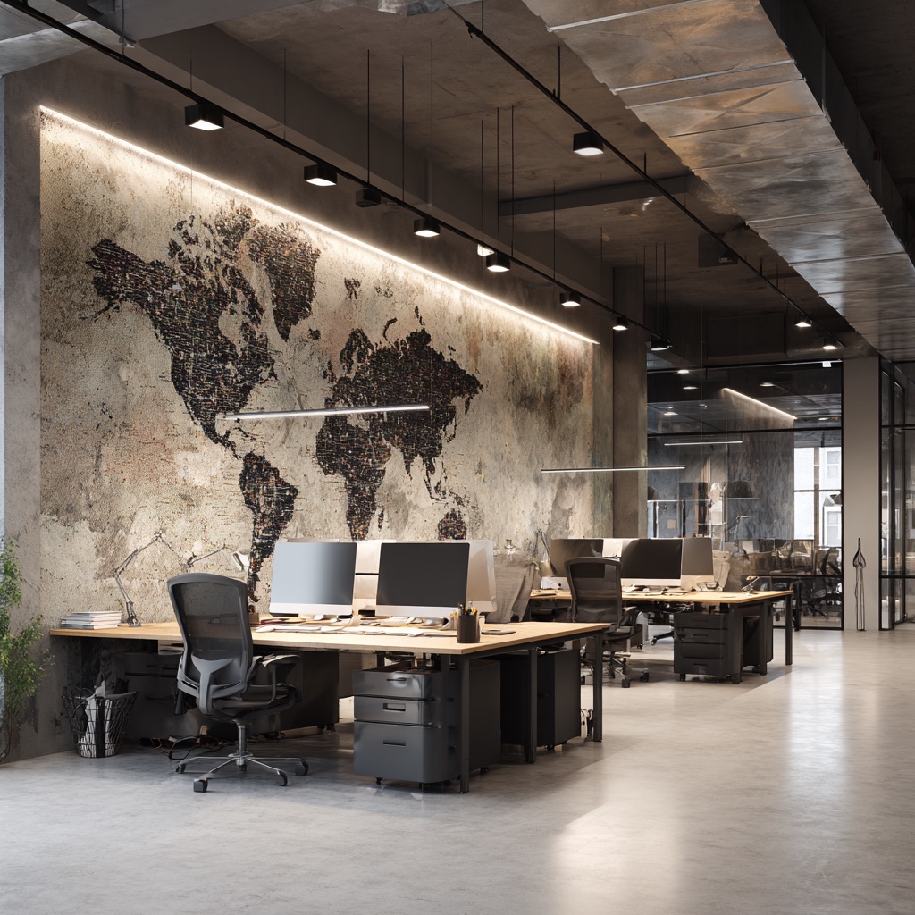 Oficina corporativa moderna con fotomural decorativo – papel mural para espacios de coworking